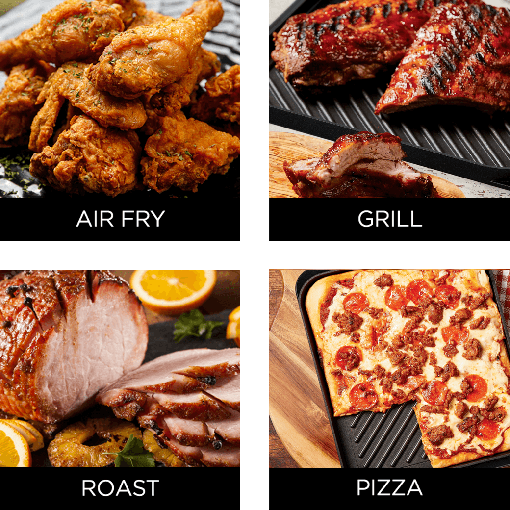 air frying fried chicken, grill steak, roast ham, bake pizza